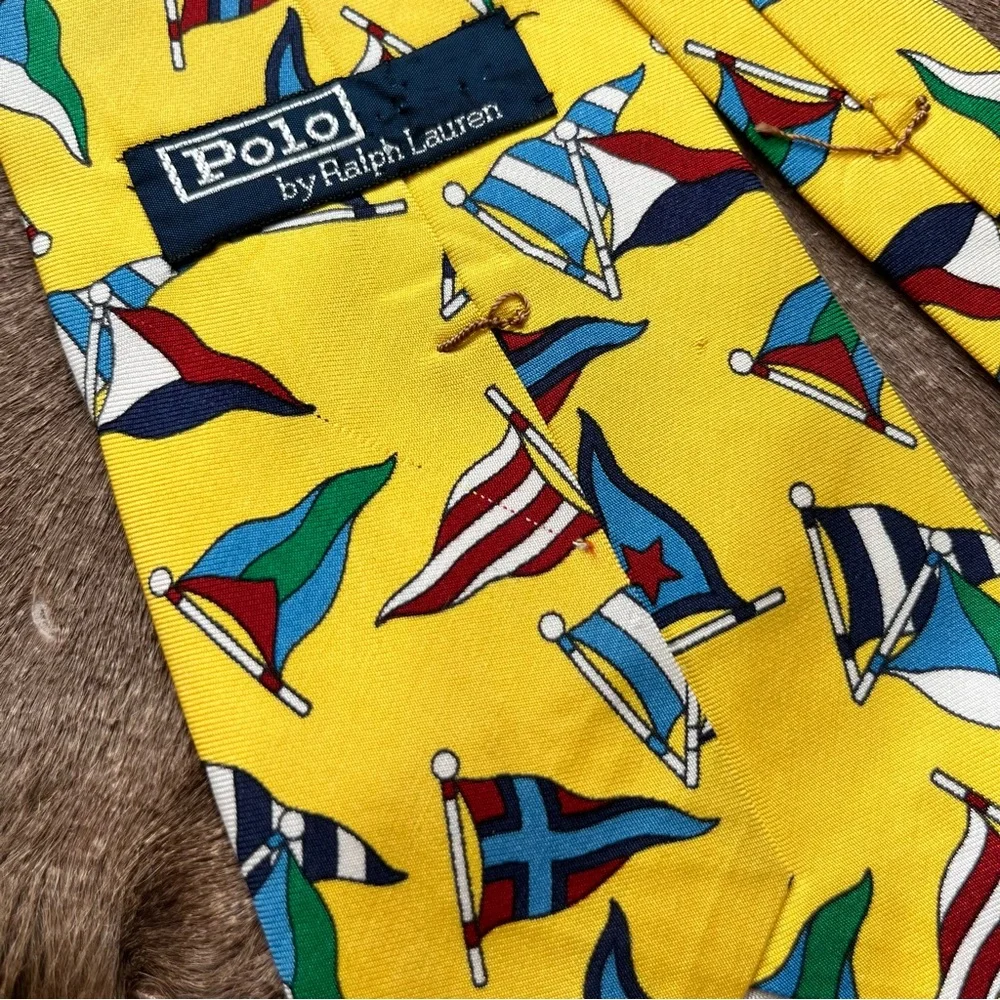 Polo by Ralph Lauren Yellow Silk Burgee Flags Nautical Tie VTG